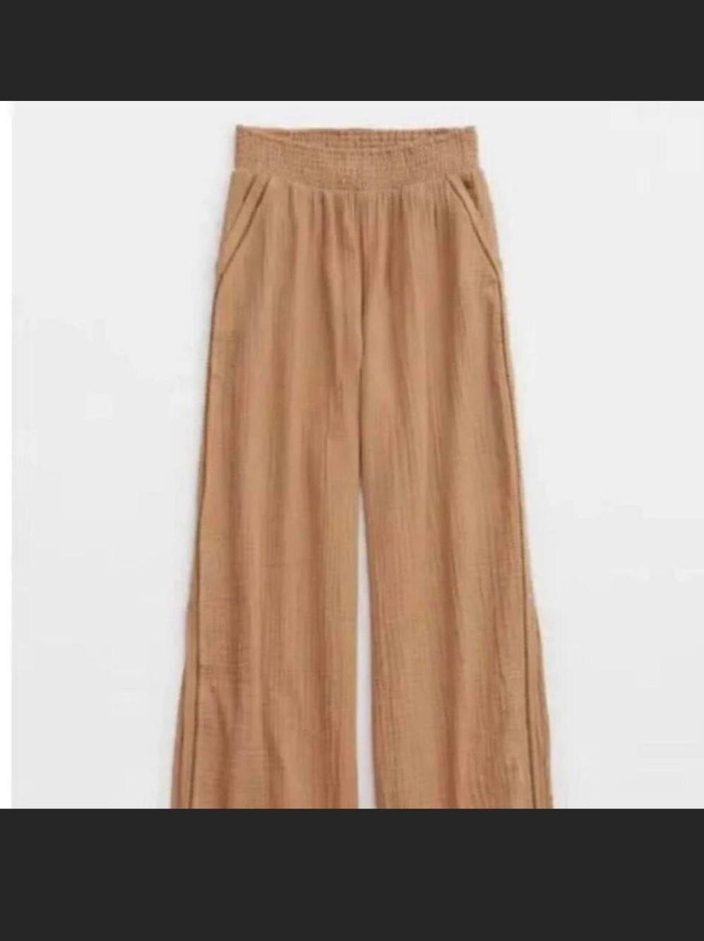 Aerie Brown Double Gauze Wide Leg Pants Smocked Waist Cotton Medium neutral